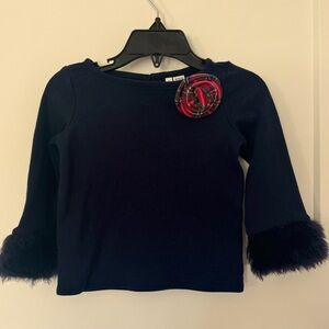 Navy Top w/ Tartan Flower & Fur Cuffs